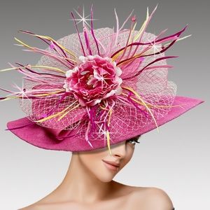 Pink Fabulous Couture Hat Flowers Feathers Kentucky Derby Church Tea Brunch NWT